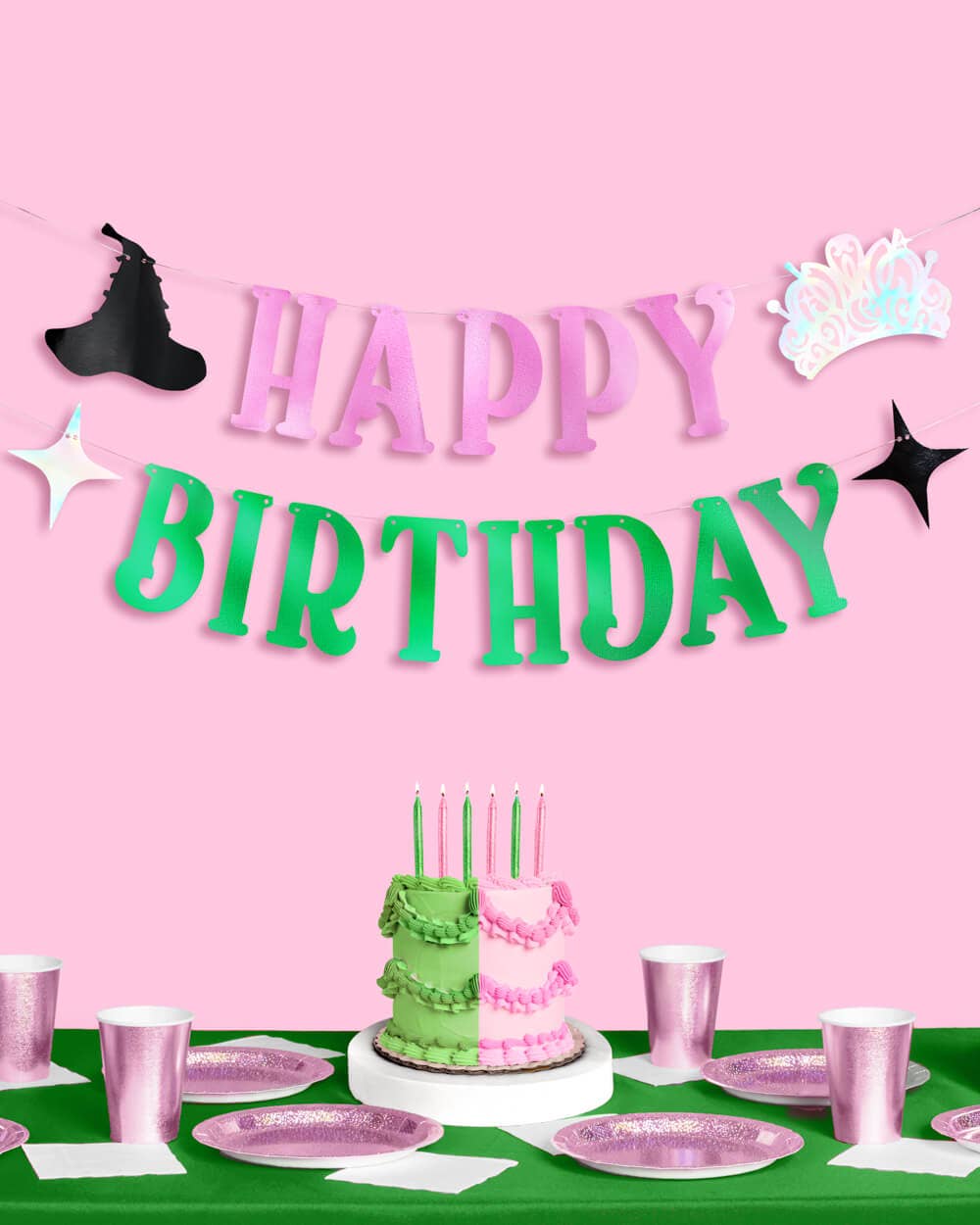 Birthday Witch Banner - Kid's Party pink + green foil banner