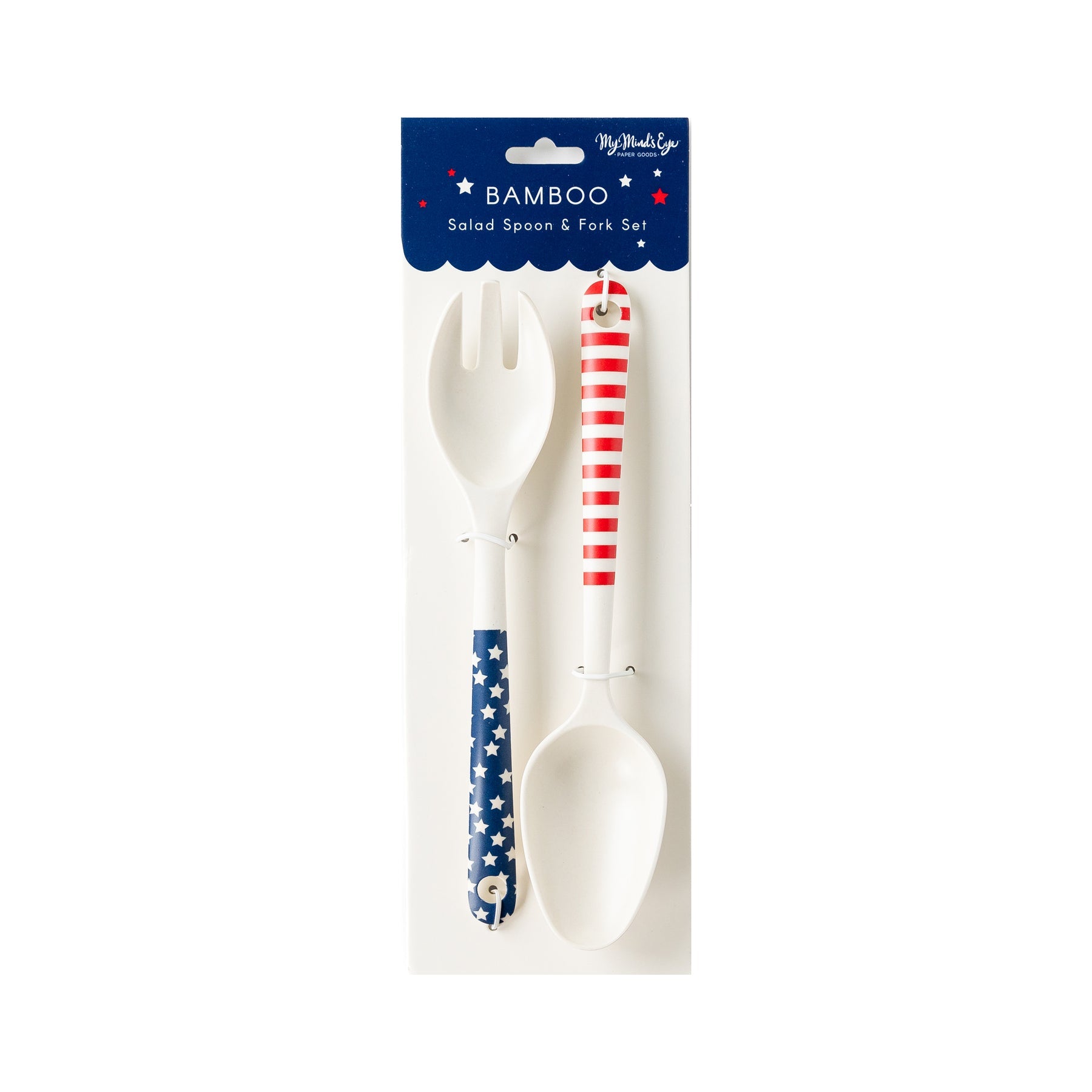 STARS AND STRIPES SALAD SPOON AND FORK REUSABLE BAMBOO SERVING-WARE