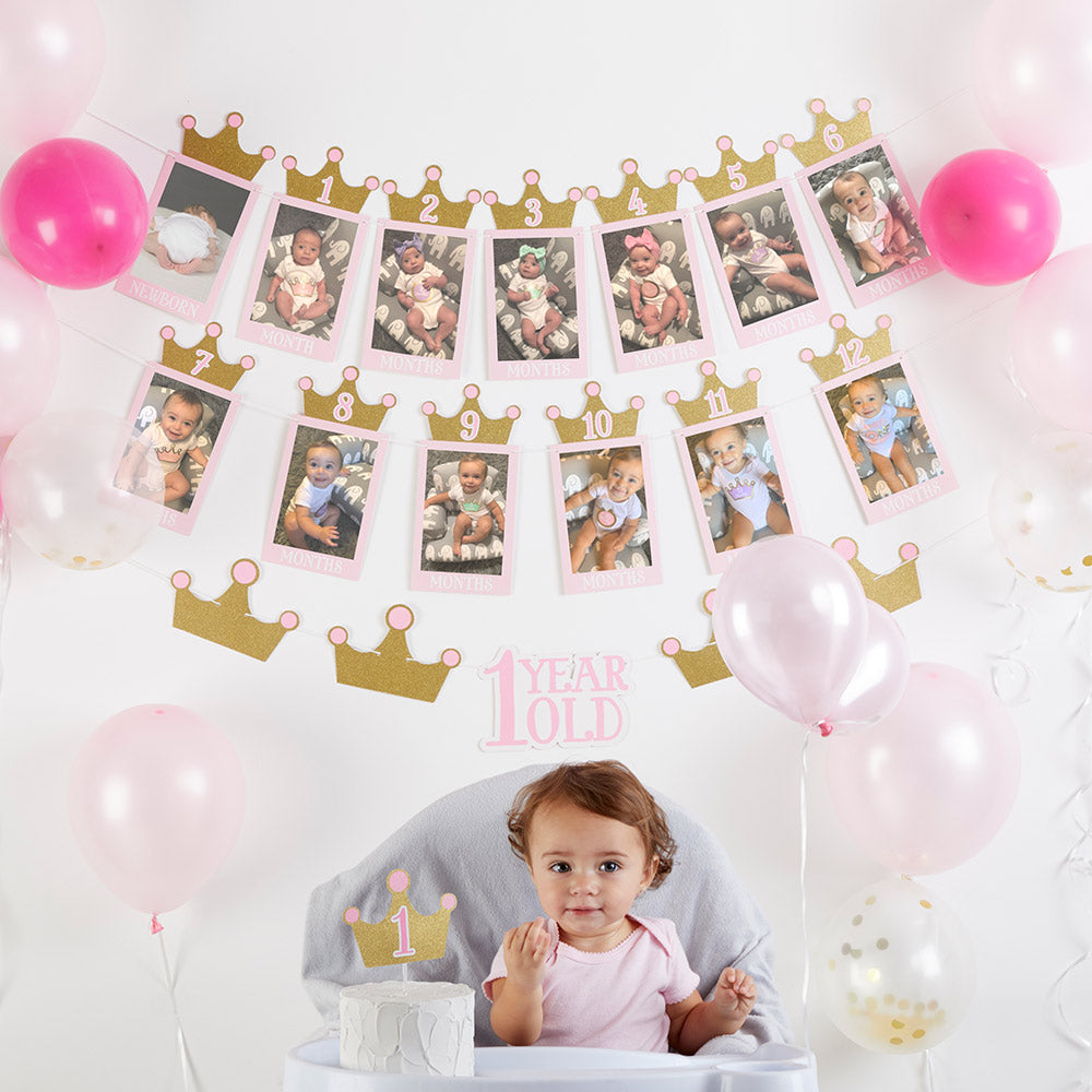 Princess 1st Birthday Milestone Banners (3) and Cake Topper (1)