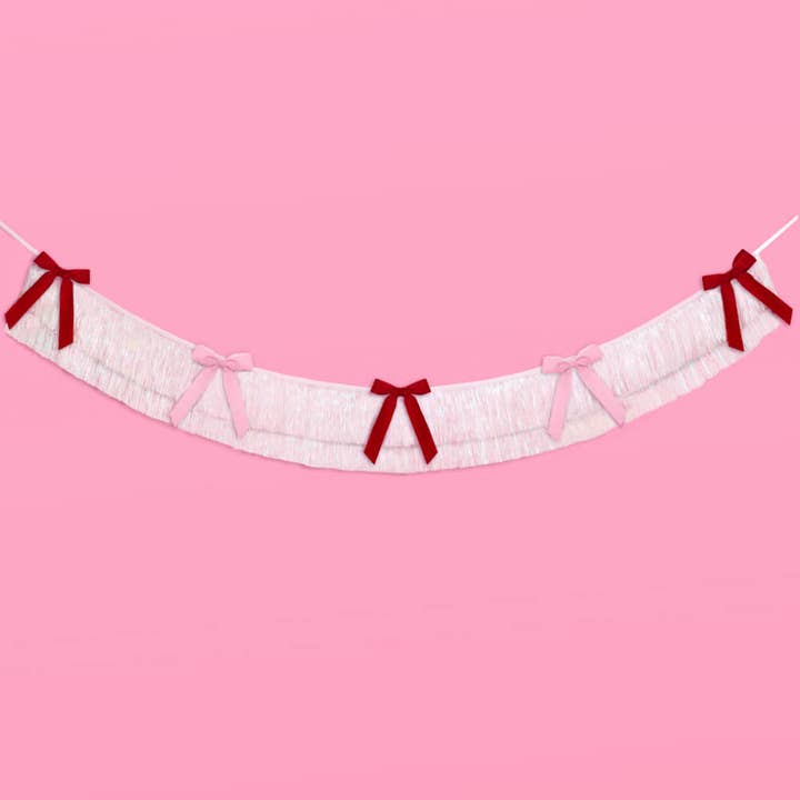 PRESALE: Bow Bliss Banner - Layered Fringe + Velvet Bows, Pink, 6 ft
