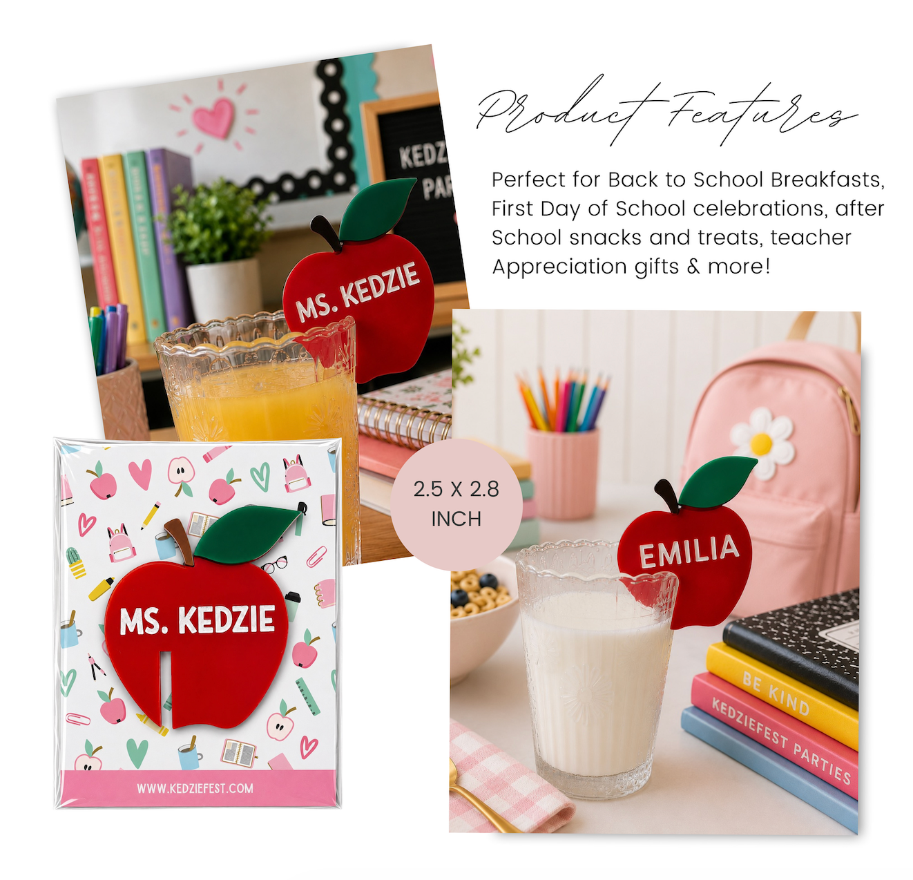 Personalized Acrylic Apple Drink Charm for Back-to-School, Teacher Gift
