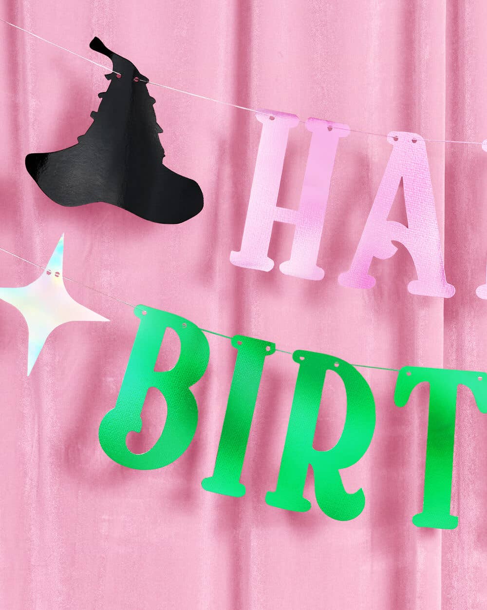 Birthday Witch Banner - Kid's Party pink + green foil banner