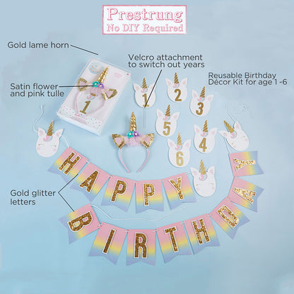 Gold Glitter Unicorn Happy Birthday Decor Kit