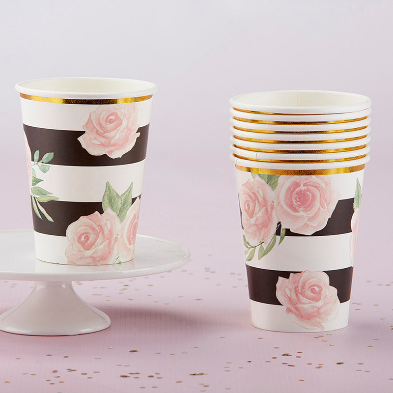 Floral Striped 9in Premium Paper Cups (8)