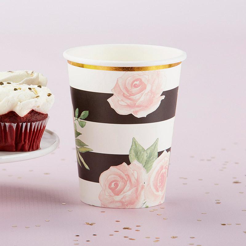 Floral Striped 9in Premium Paper Cups (8)