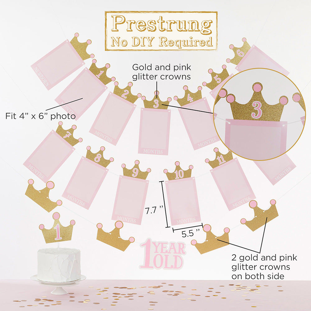 Princess 1st Birthday Milestone Banners (3) and Cake Topper (1)