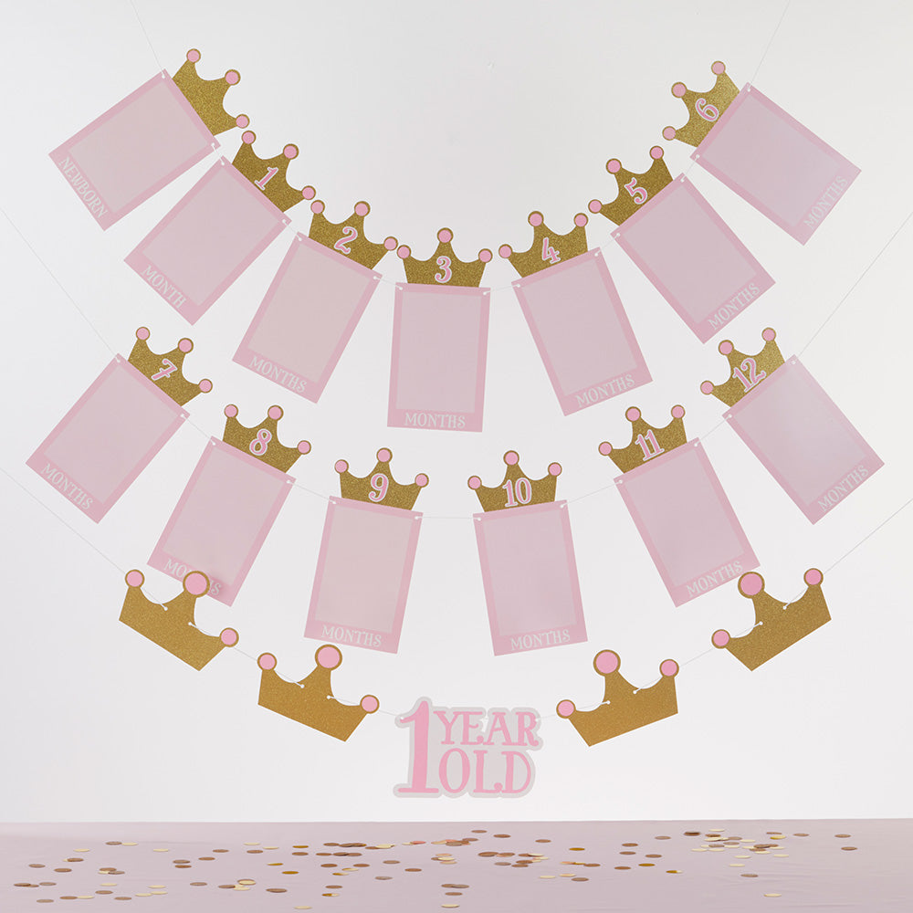 Princess 1st Birthday Milestone Banners (3) and Cake Topper (1)