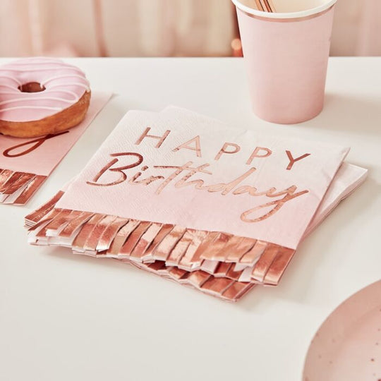 Rose Gold & Pink Fringe Happy Birthday Napkins